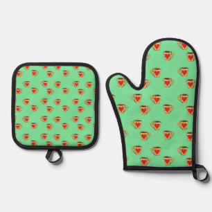 Love cups on turquoise oven mitt & pot holder set