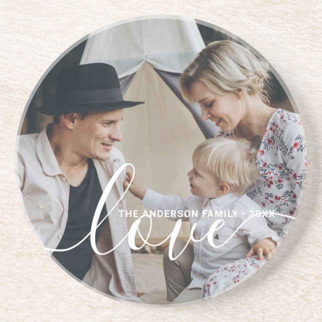 'Love' Custom family photo with custom name Coaster (Front)