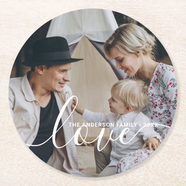 'Love' Custom family photo with custom name Round Paper Coaster (Front)