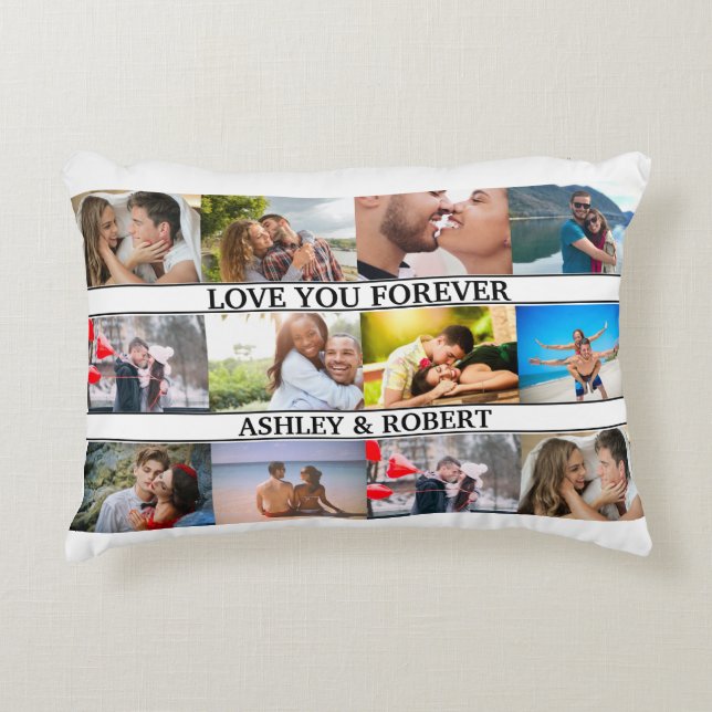 Love Custom Names Monogram 12 Photo Collage Couple Decorative Cushion (Front)