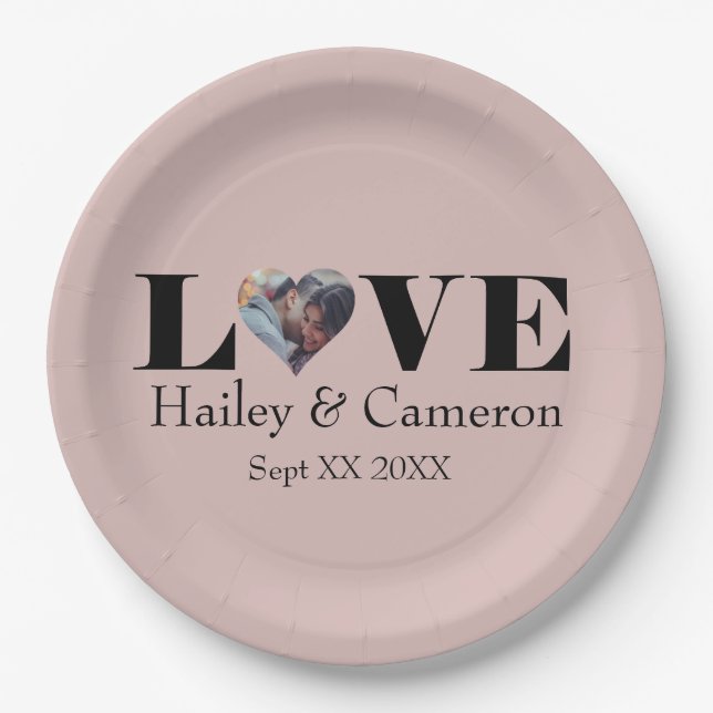 LOVE Custom Photo on Dusty Pink Classic Round Stic Paper Plate (Front)