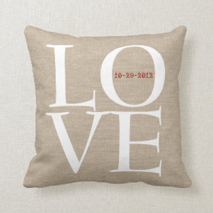 Love custom wedding date faux linen rustic burlap cushion