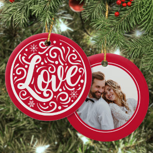 Love Customized Couple Photo Christmas Holiday Red Ceramic Tree Decoration