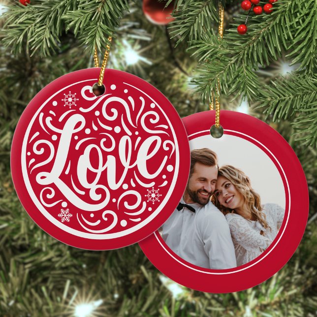 Love Customized Couple Photo Christmas Holiday Red Ceramic Tree Decoration (Creator Uploaded)