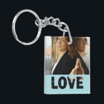 Love Cut Outs Blue Customised Photo Key Ring<br><div class="desc">Blue colour love cut outs square shaped acrylic photo keychain. Double sided photo keychain template, by red_dress, featuring cut out text "Love", on blue background, and photo holder for two pictures. Easily add a picture to the front and back of two sided keychains or pick the single sided square keychain...</div>