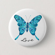 Love Cute Blue Butterfly White Round Button