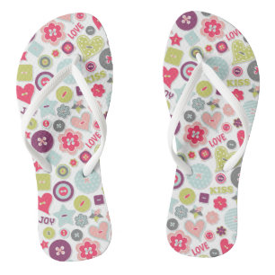 Love Cute Colourful Heart Buttons Valentine's Day Flip Flops