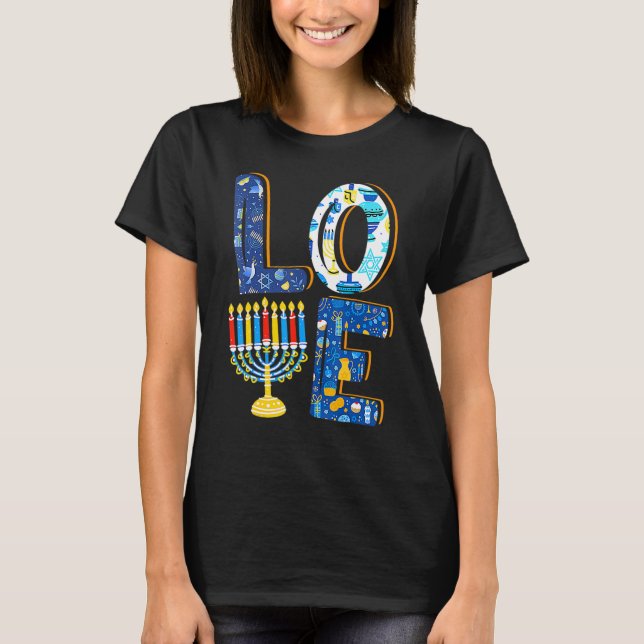 Love Cute Hanukkah Decorations Dreidel Menorah Cha T-Shirt (Front)