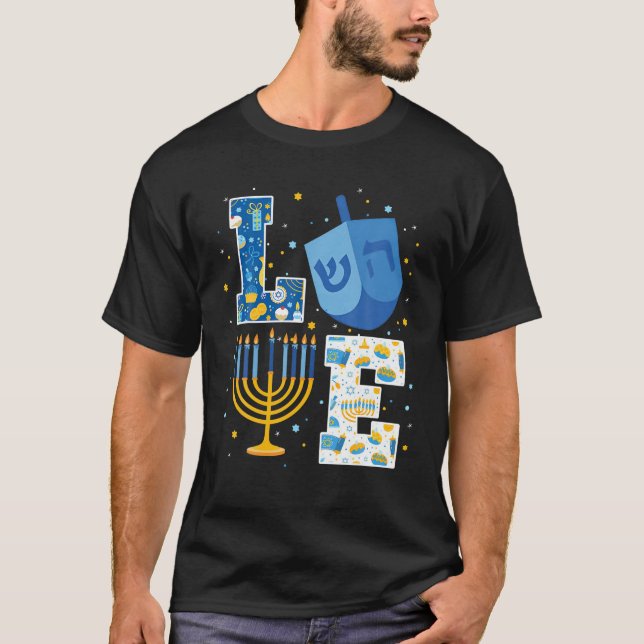 LOVE Cute Hanukkah Decorations Dreidel Menorah Cha T-Shirt (Front)