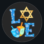 LOVE Cute Hanukkah Decorations Dreidel Menorah Classic Round Sticker<br><div class="desc">LOVE Cute Hanukkah Decorations Dreidel Menorah</div>