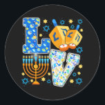 LOVE Cute Hanukkah Decorations Dreidel Menorah Classic Round Sticker<br><div class="desc">LOVE Cute Hanukkah Decorations Dreidel Menorah</div>
