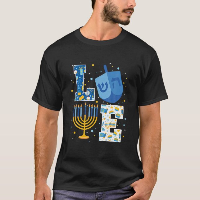 LOVE Cute Hanukkah Decorations Dreidel Menorah T-Shirt (Front)
