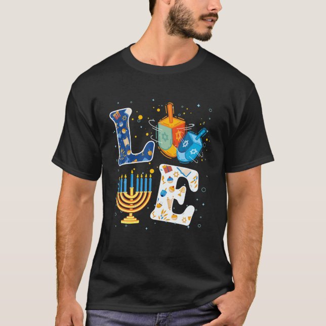 LOVE Cute Hanukkah Decorations Dreidel Menorah T-Shirt (Front)