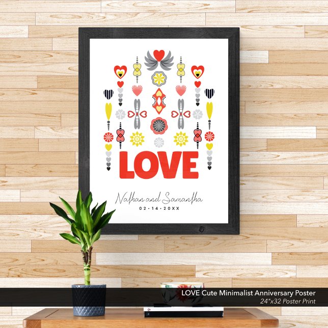LOVE Cute Minimalist Anniversary  Poster (LOVE - Cute Minimalist Poster with Hearts & Flowers: Customized with Your Names & Anniversary Date.)