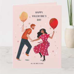 Love cute pink & red dancing people valentine  card