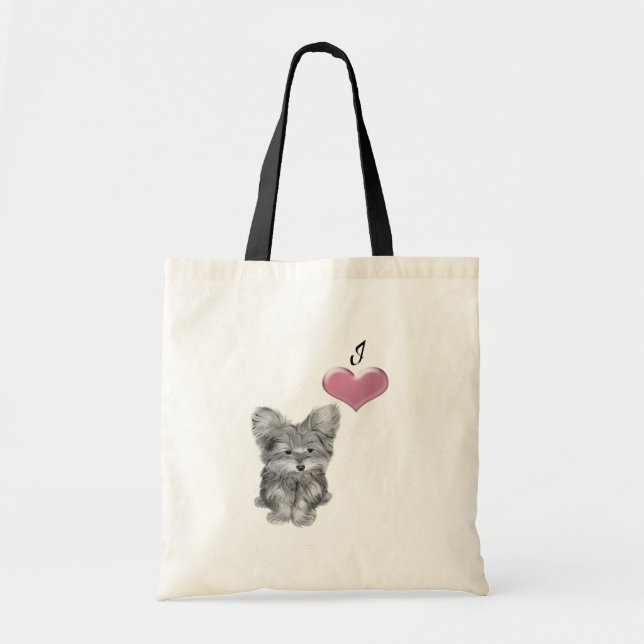 Love Cute Yorkie Dog Art with 3D Heart Tote Bag (Front)