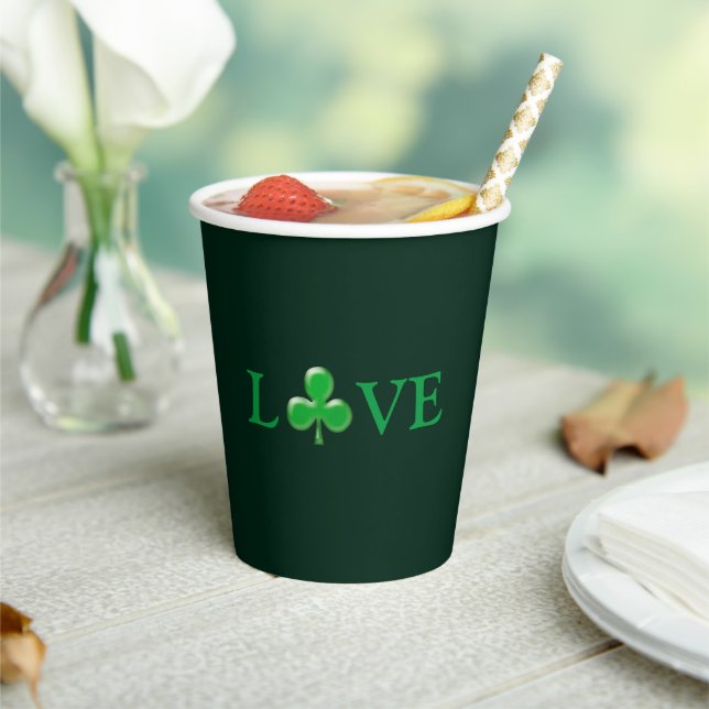 Love dark Green Irish Shamrock St. Patrick's Day Paper Cups (Insitu)