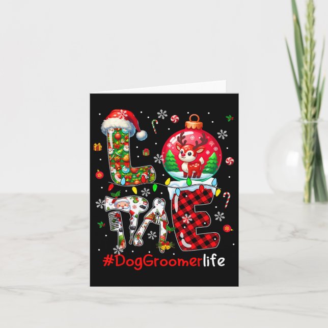 Love Dog Groomer Christmas Santa Reindeer Matching Card (Front)