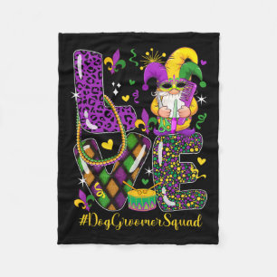 Love Dog Groomer Squad Mardi Gr Leopard Gnome Para Fleece Blanket