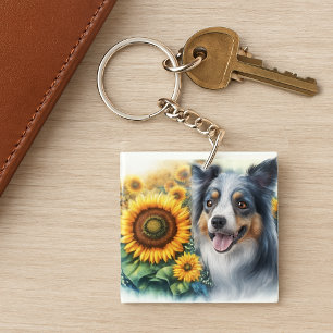 Love Dogs Border Collie Sunflower Acrylic Keychain