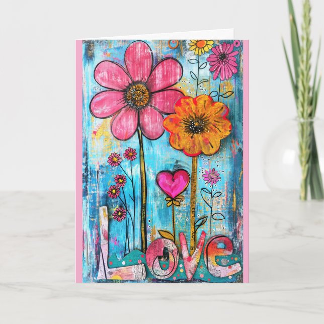 *~**~ LOVE Doodle Art Colourful Whimsical Flower Thank You Card (Front)