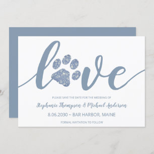 Love Dusty Blue Glitter Paw Print Wedding Save The Date