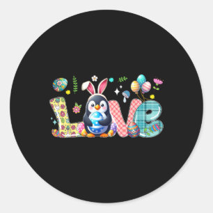Love Easter Bunny Penguin Hunting Eggs Flowers Col Classic Round Sticker