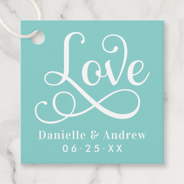 Love Elegant Aqua Calligraphy Monogram Wedding Favour Tags (Front)