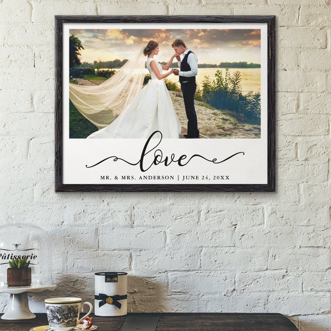 Love Elegant Black Script Wedding Photo Poster (Customize to change your personalized text size, text style or size of poster.)