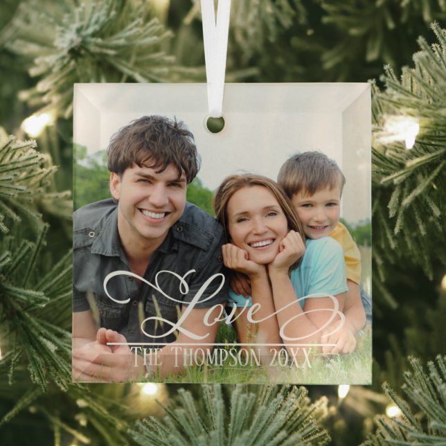 Love Elegant Christmas Photo Personalised Name Glass Tree Decoration (Insitu)