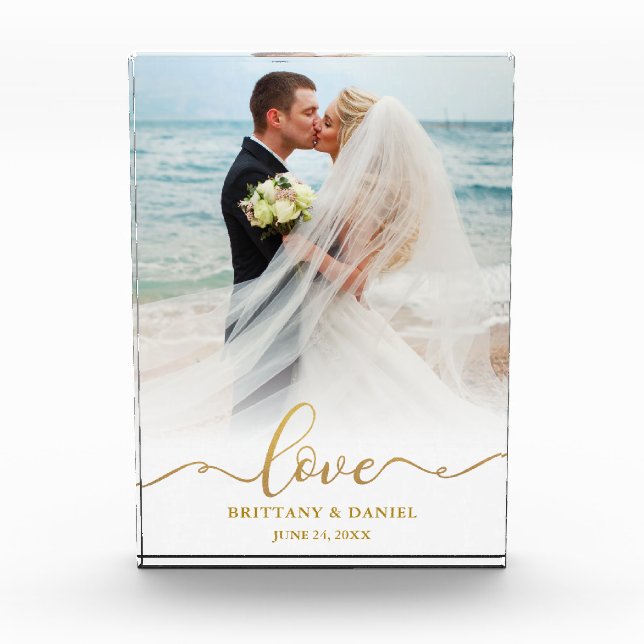 Love Elegant Gold Script Bride Groom Wedding Photo Block (Front)