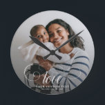 LOVE Elegant Photo Calligraphy Family Keepsake  Round Clock<br><div class="desc">Modern elegant custom clock with your favourite photo over trendy swirly calligraphy script reading LOVE and your custom text below.</div>