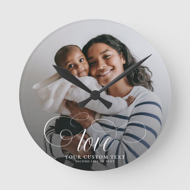 LOVE Elegant Photo Calligraphy Family Keepsake  Round Clock (Front)