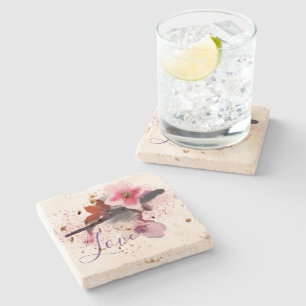 "LOVE" Elegant Pink and Purple Cherry Stone Coaster