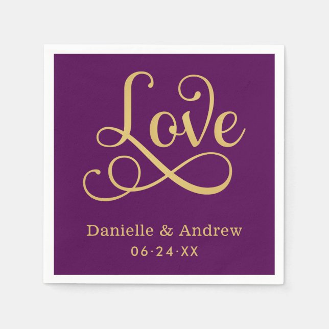 Love Elegant Purple Gold Calligraphy Wedding Napkin (Front)