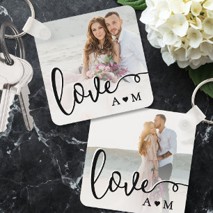 Love Elegant Script Couple 2 Photo Key Ring