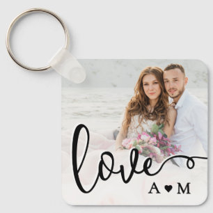 Love Elegant Script Couple 2 Photo Key Ring