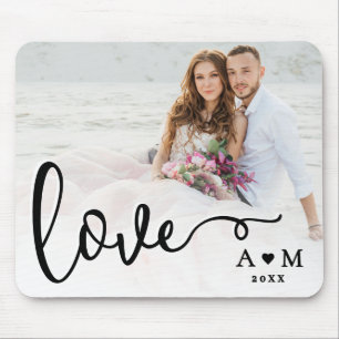 Love Elegant Script Couple Photo Mouse Mat