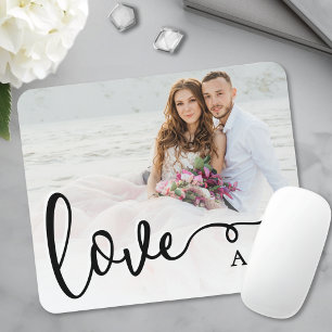 Love Elegant Script Couple Photo Mouse Mat