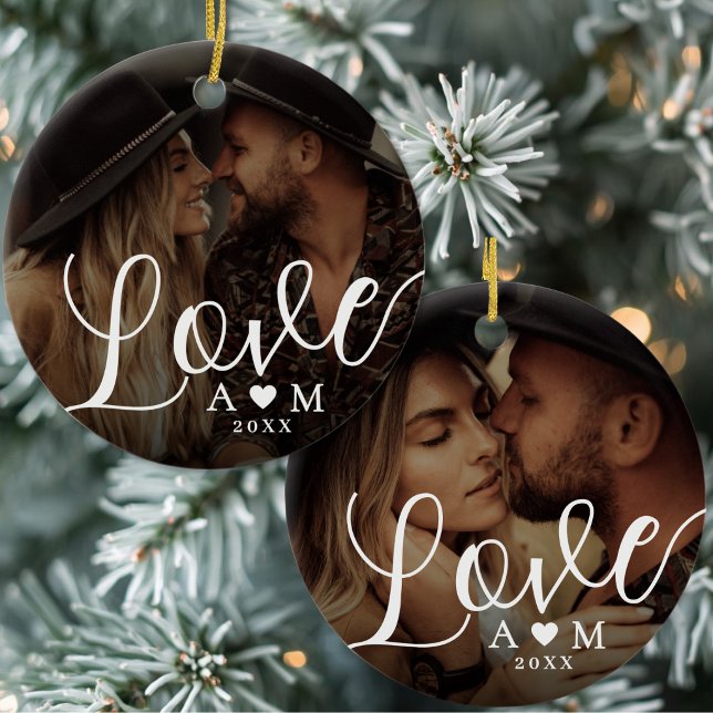 Love Elegant Script Heart Monogram Two Photo Ceramic Tree Decoration (Love Elegant Script Heart Monogram Two Photo Ceramic Ornament )