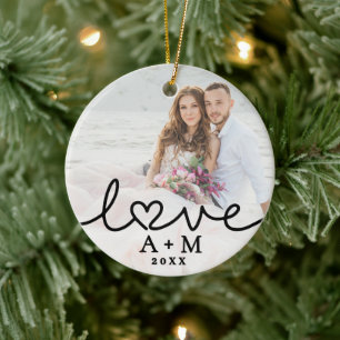 Love Elegant Script Heart Two Photo Ceramic Tree Decoration