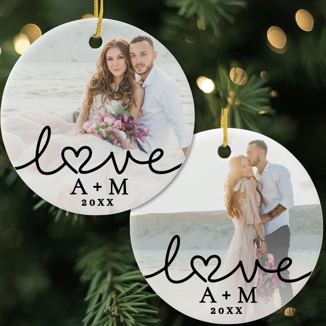 Love Elegant Script Heart Two Photo Ceramic Tree Decoration (Love Elegant Script Heart Two Photo Ceramic Ornament )