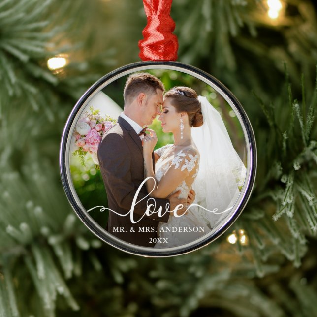 Love Elegant Script  Mr. and Mrs. Wedding Photo Metal Tree Decoration (Tree)