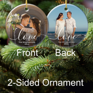 Love Elegant Script Overlay Double Sided Photo Ceramic Tree Decoration
