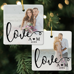 Love Elegant Script Two Photo Ceramic Ornament