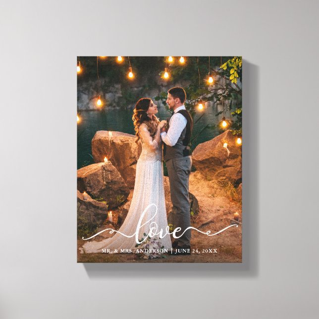 Love Elegant Script Wedding Bride Groom Photo Canvas Print (Front)