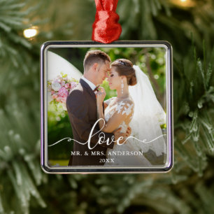 Love Elegant Script Wedding Photo Mr. and Mrs. Metal Tree Decoration