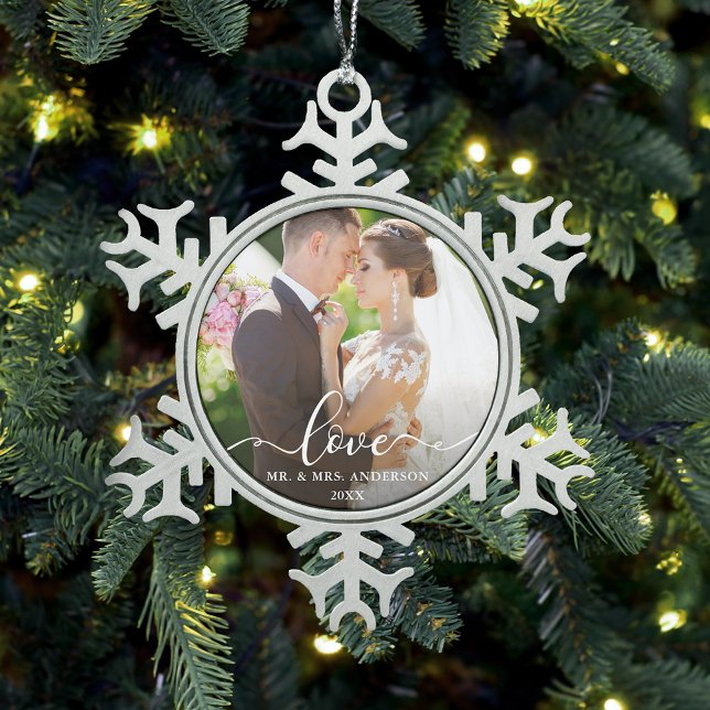 Love Elegant Script Wedding Photo Mr. and Mrs. Snowflake Pewter Christmas Ornament (Customize with Names and Year.)