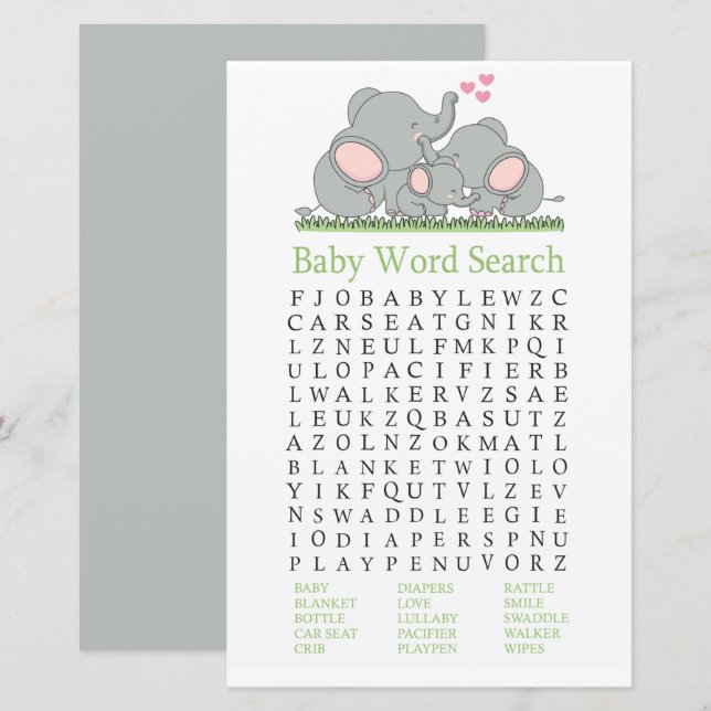 Love Elephants Baby Shower Word Search Game (Front/Back)