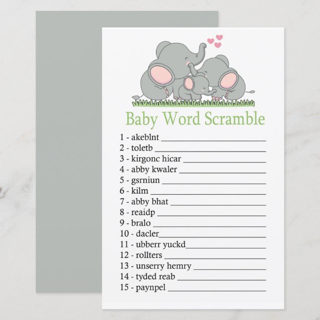 Love Elephants Baby word scramble game (Front/Back)